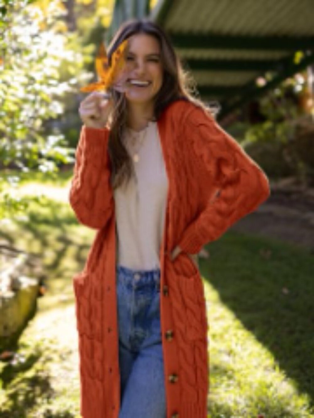 Long Cable Knit Cardigan Sweater with Pockets Open Front Button Down - Picture 4 of 7